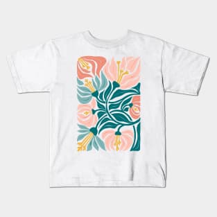 Pink Teal Abstract Flowers Kids T-Shirt